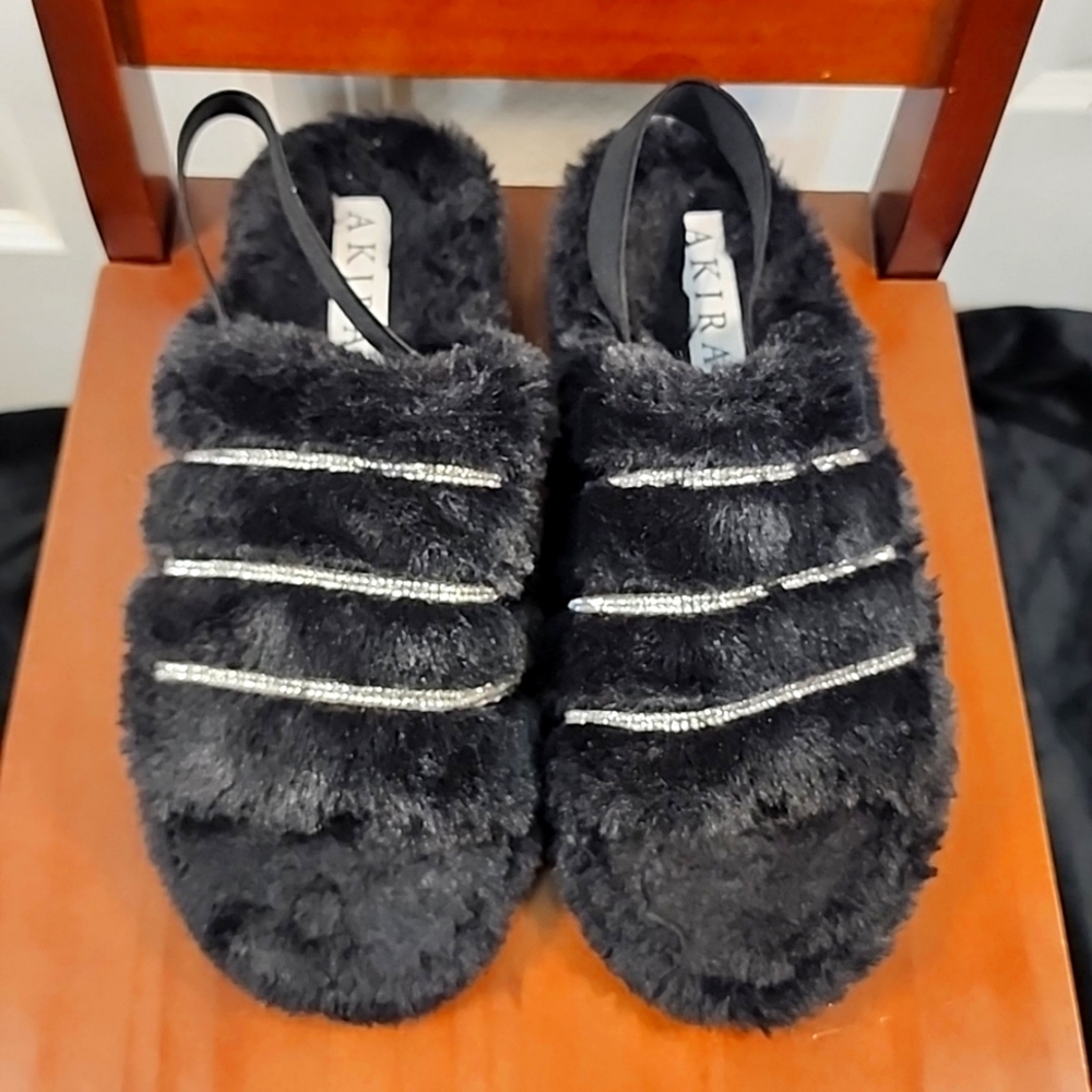 Akira Black Furry Rhinestone Slipper 8/9